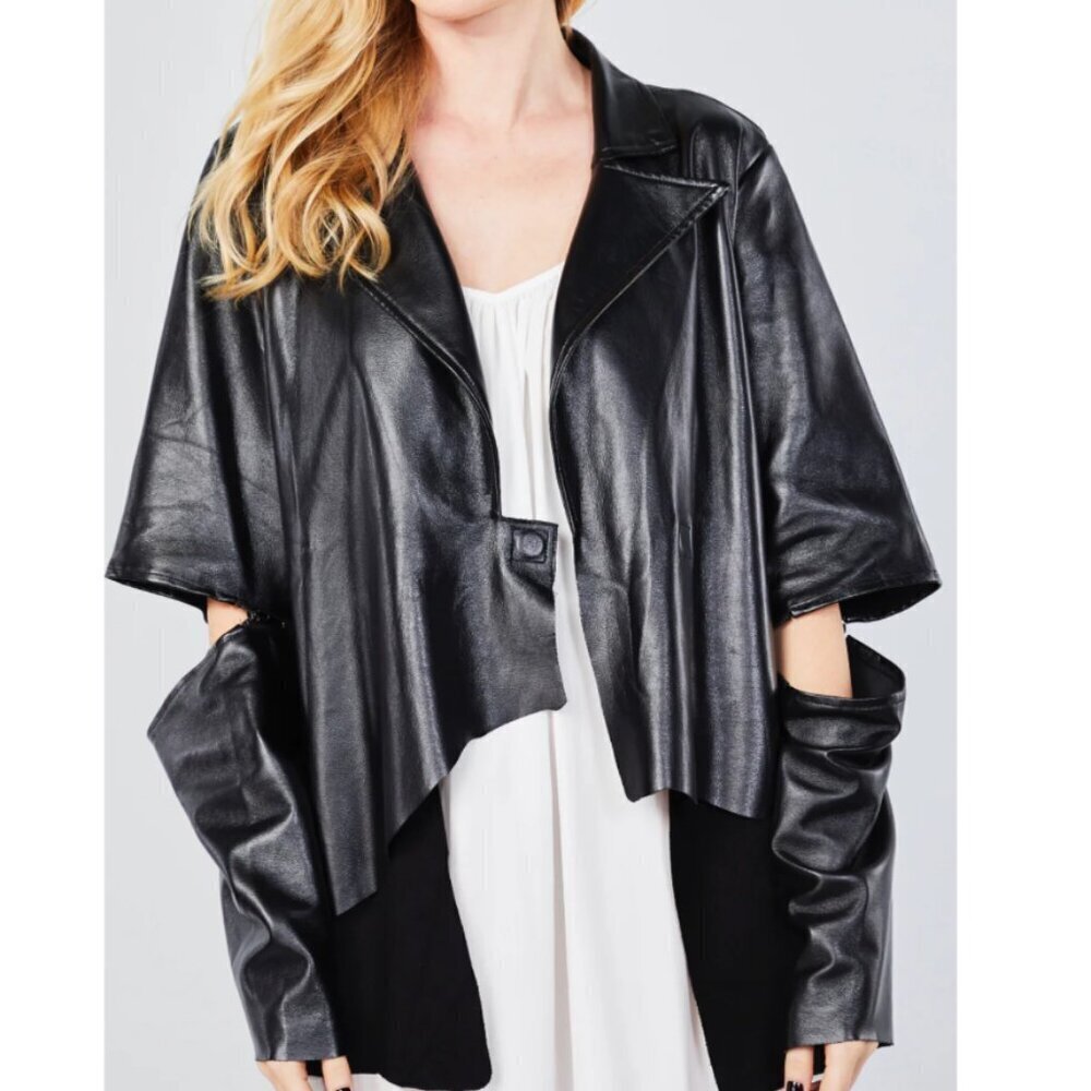 TOV Leather and Suede Jacket Removable Sleeves Lined Cutouts Black Size Small